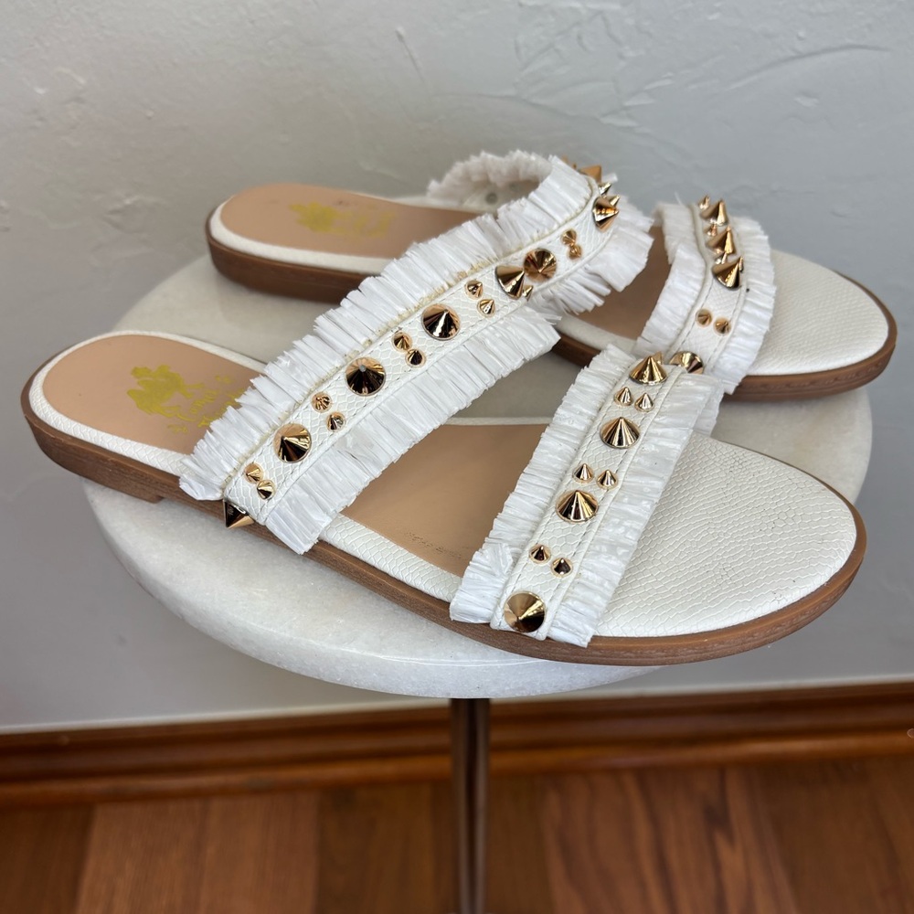 CAMEL THREADS White Gold Sandal Flats Shoes Raffia Gold Slip On 2 Strap Women 7 - Picture 2 of 8